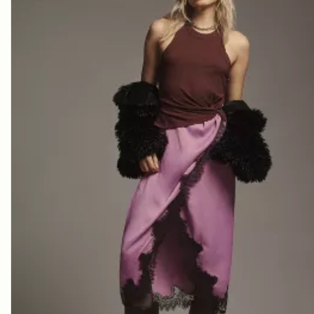 Anthropologie Pink Midi Skirt with Black Lace Trim